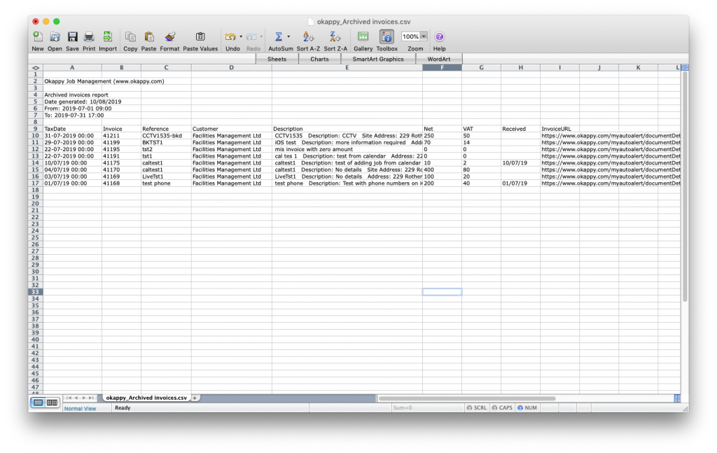 Export archived invoices to Excel