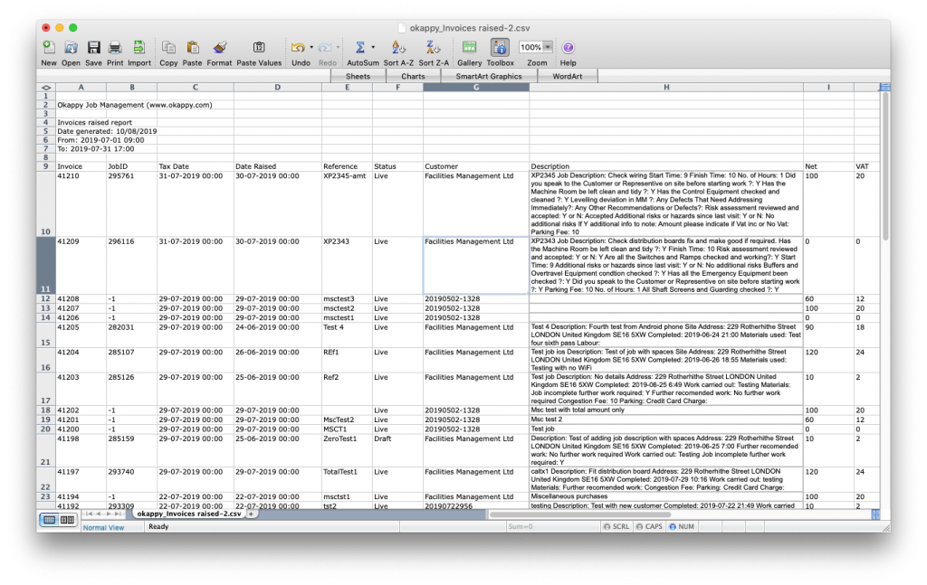 Export invoices raised to Excel