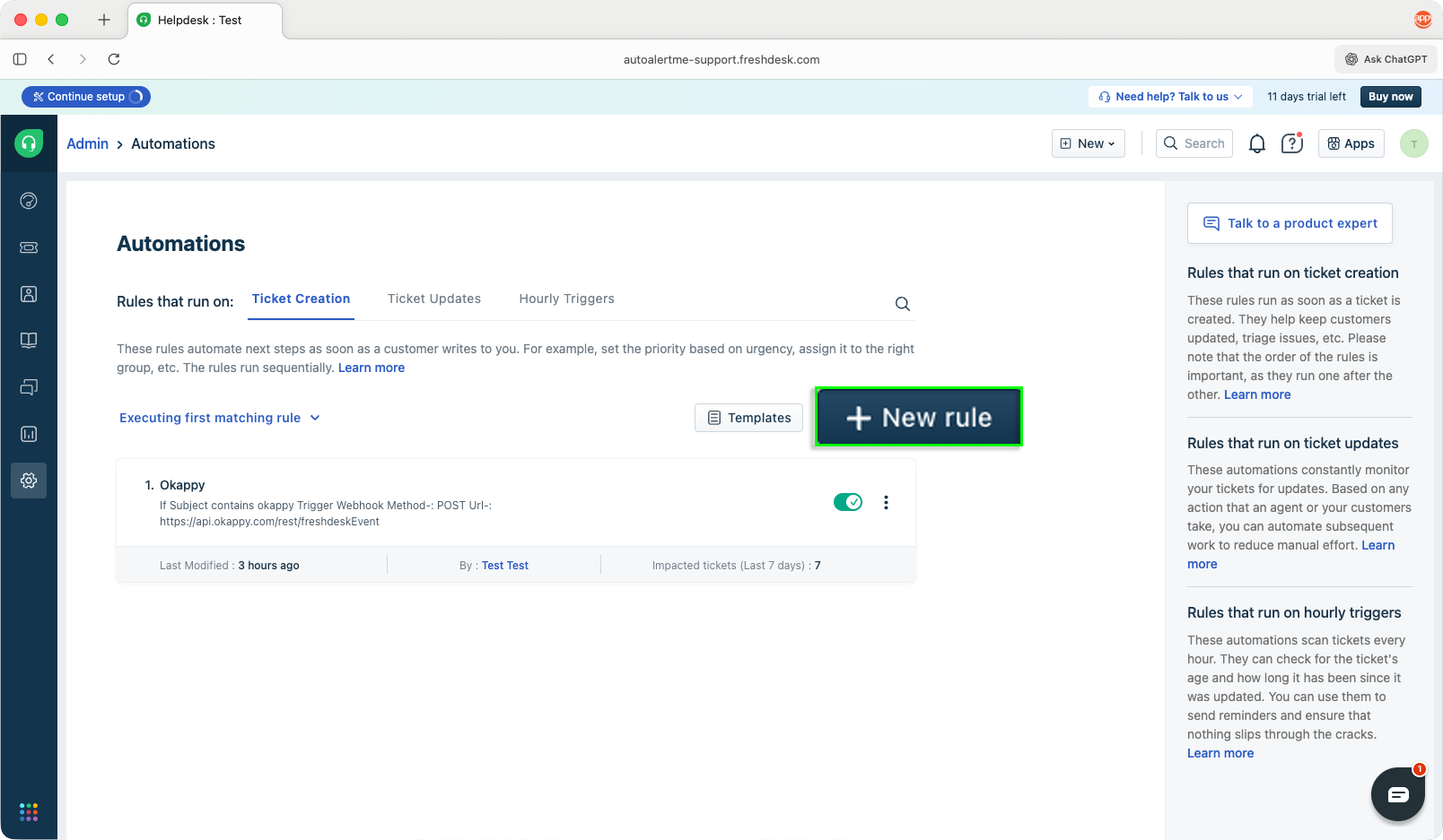 Create a new Freshdesk automation rule