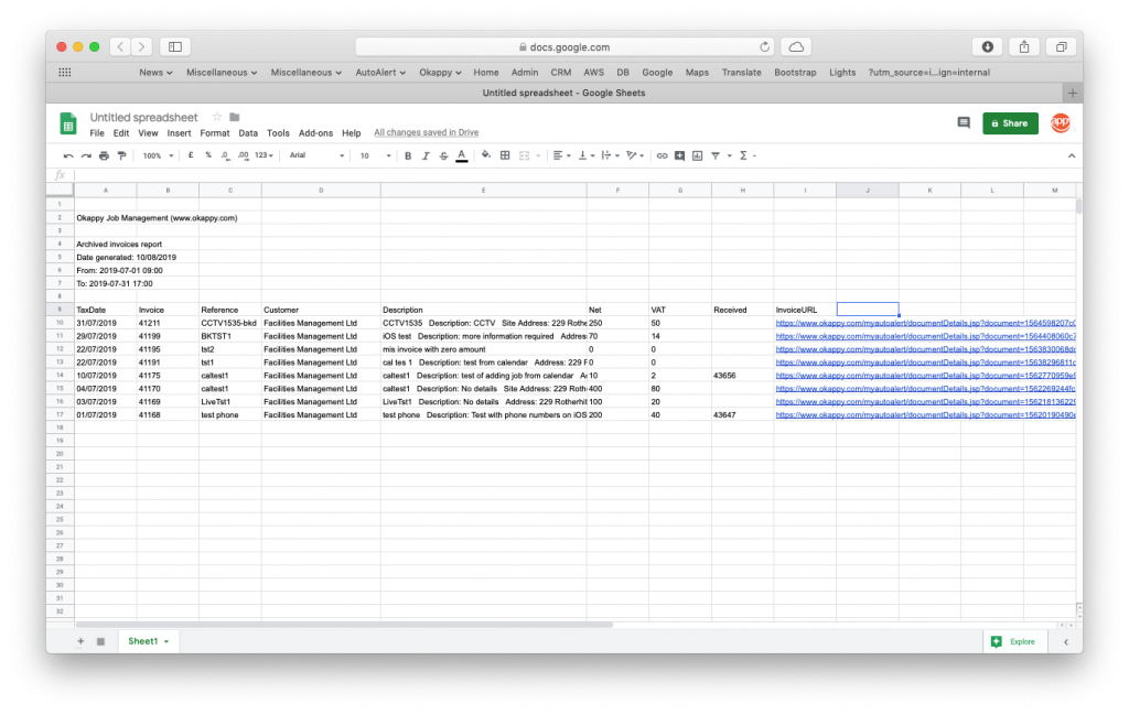 Export archived invoices to Google Sheets