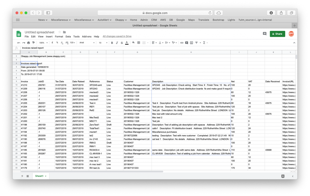 Export invoices raised to Google Sheets