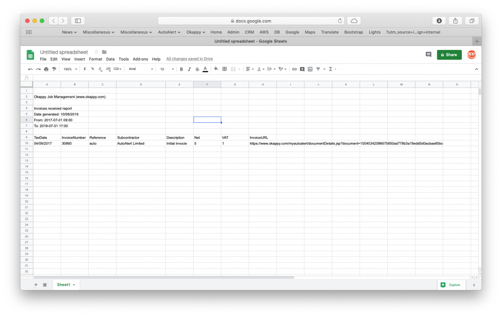 Export invoices received to Google Sheets