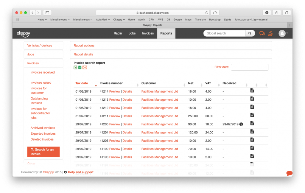 Reports view search invoices