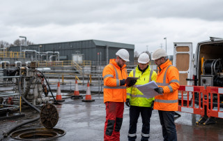 Drainage engineers coordinating AMP8 wastewater delivery work at a UK infrastructure site