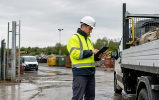 Waste site operative recording a waste receipt digitally on a tablet