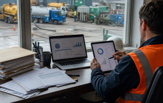 Operations manager comparing paperwork with digital waste reporting software in a depot office