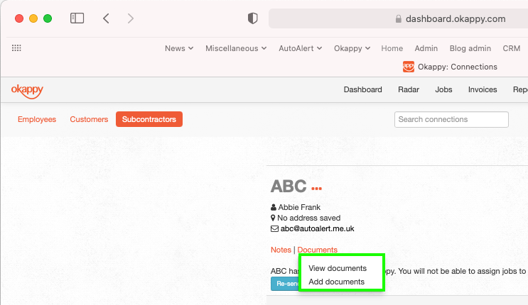 Adding documents to a subcontractor record