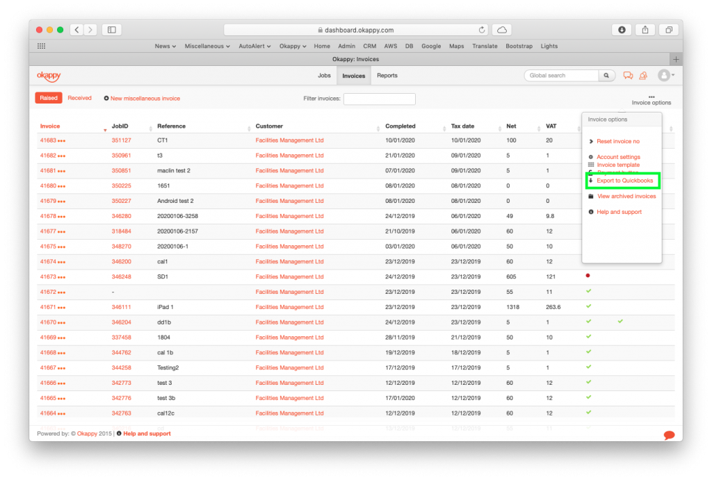 Export to Quickbooks from okappy