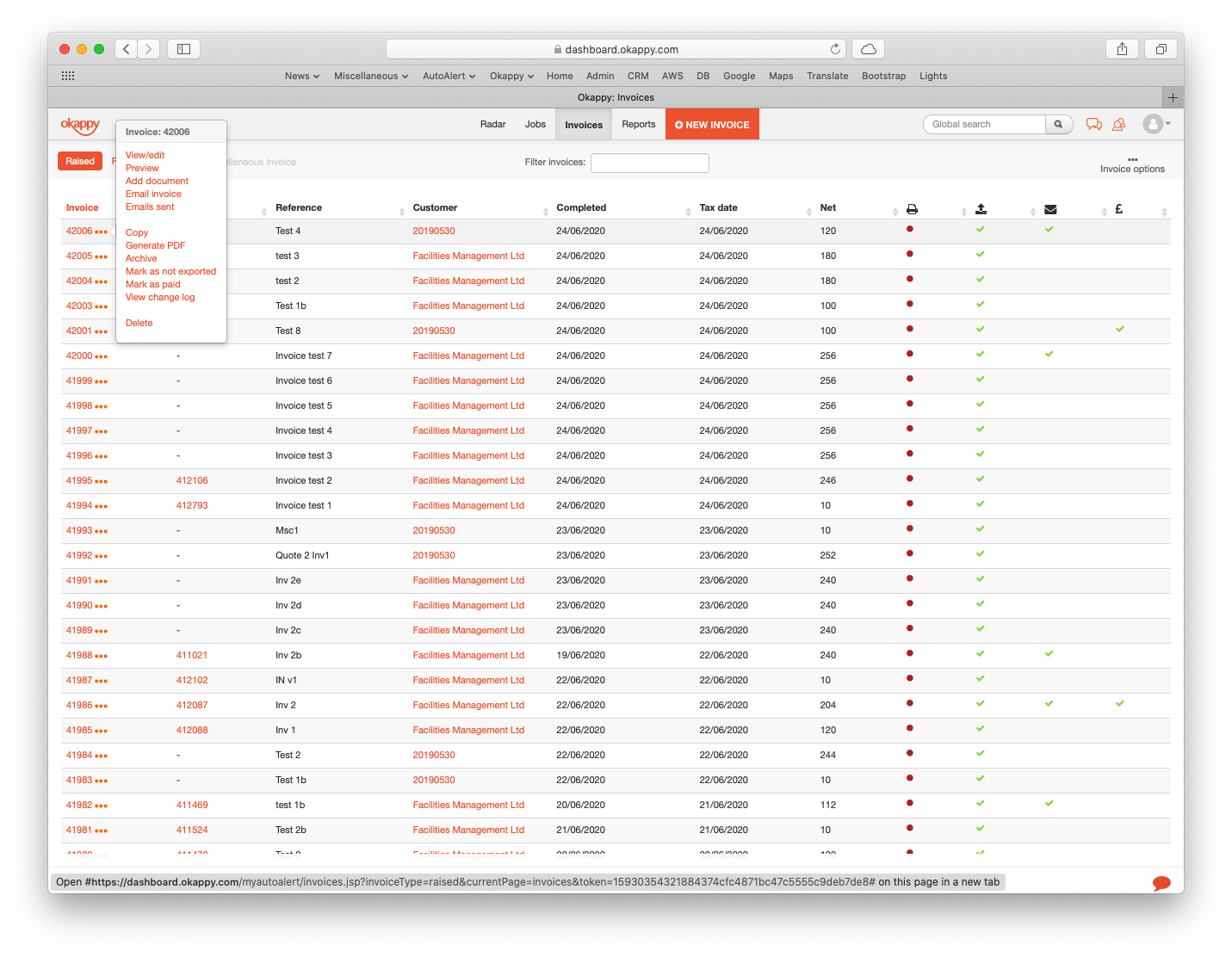 invoices raised screen