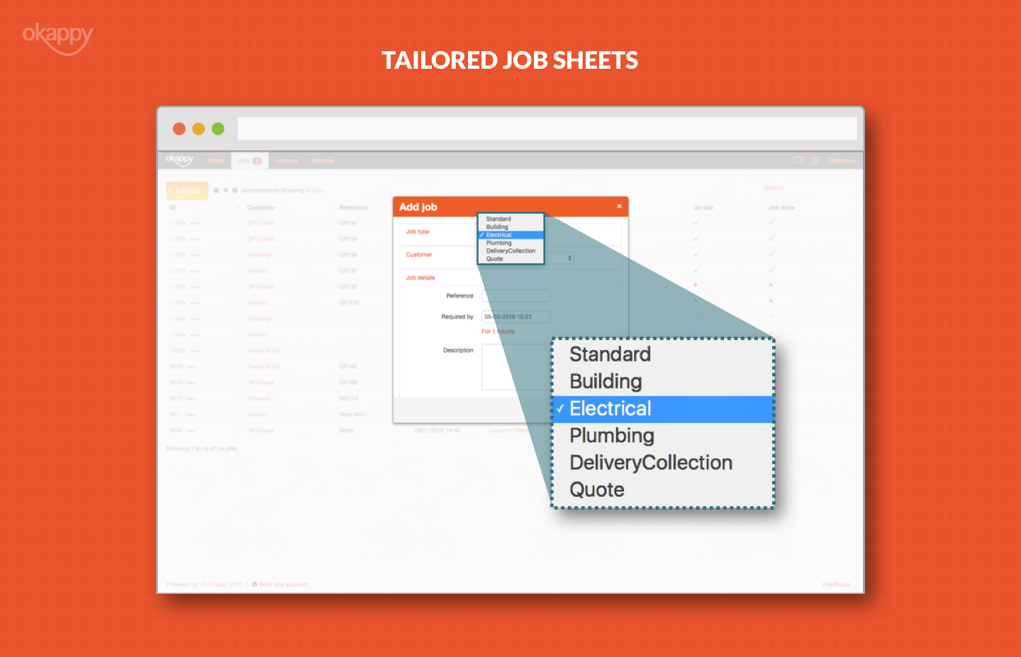 desktop view of tailored job sheets